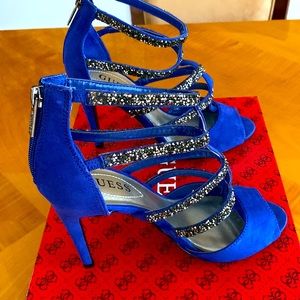 GUESS - Open Toe Stiletto Heels - Sz 7, suede, straps w/zipper, sparkles, 4”heel